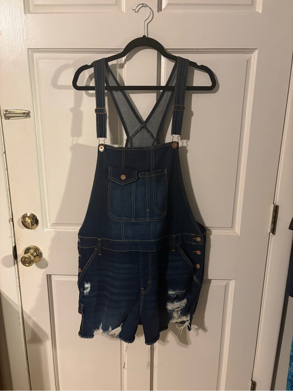 No Boundaries Dark Blue Distressed Denim Short Overalls